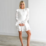 Laney Lace Ruffle Long Sleeve Mini Dress-White