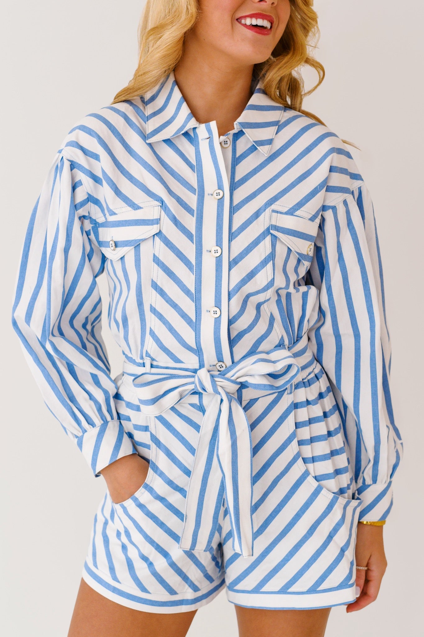 Quincey Stripe Romper - White/Blue