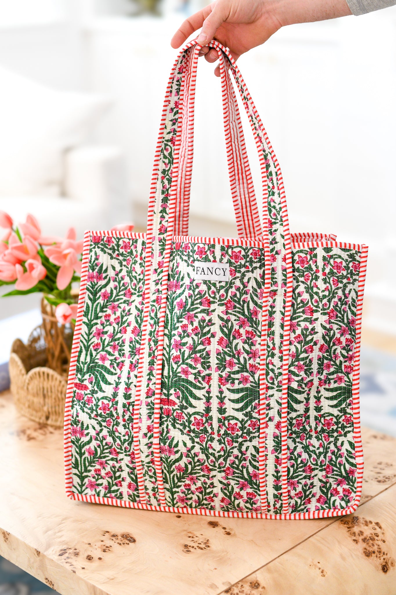 Taylor Floral Quilted Tote Bag - Pink/Green