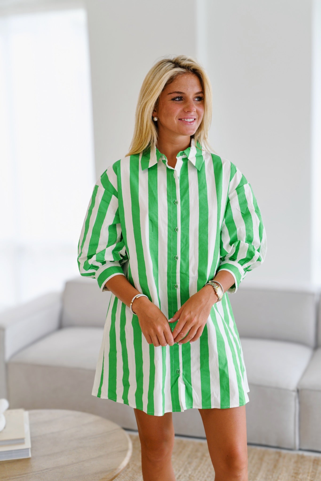 Ansleigh Striped Shirt Dress-Green