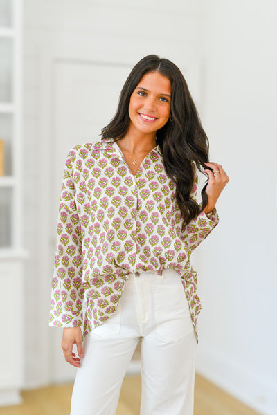 Jenni Button Down Top -  Pink/Green