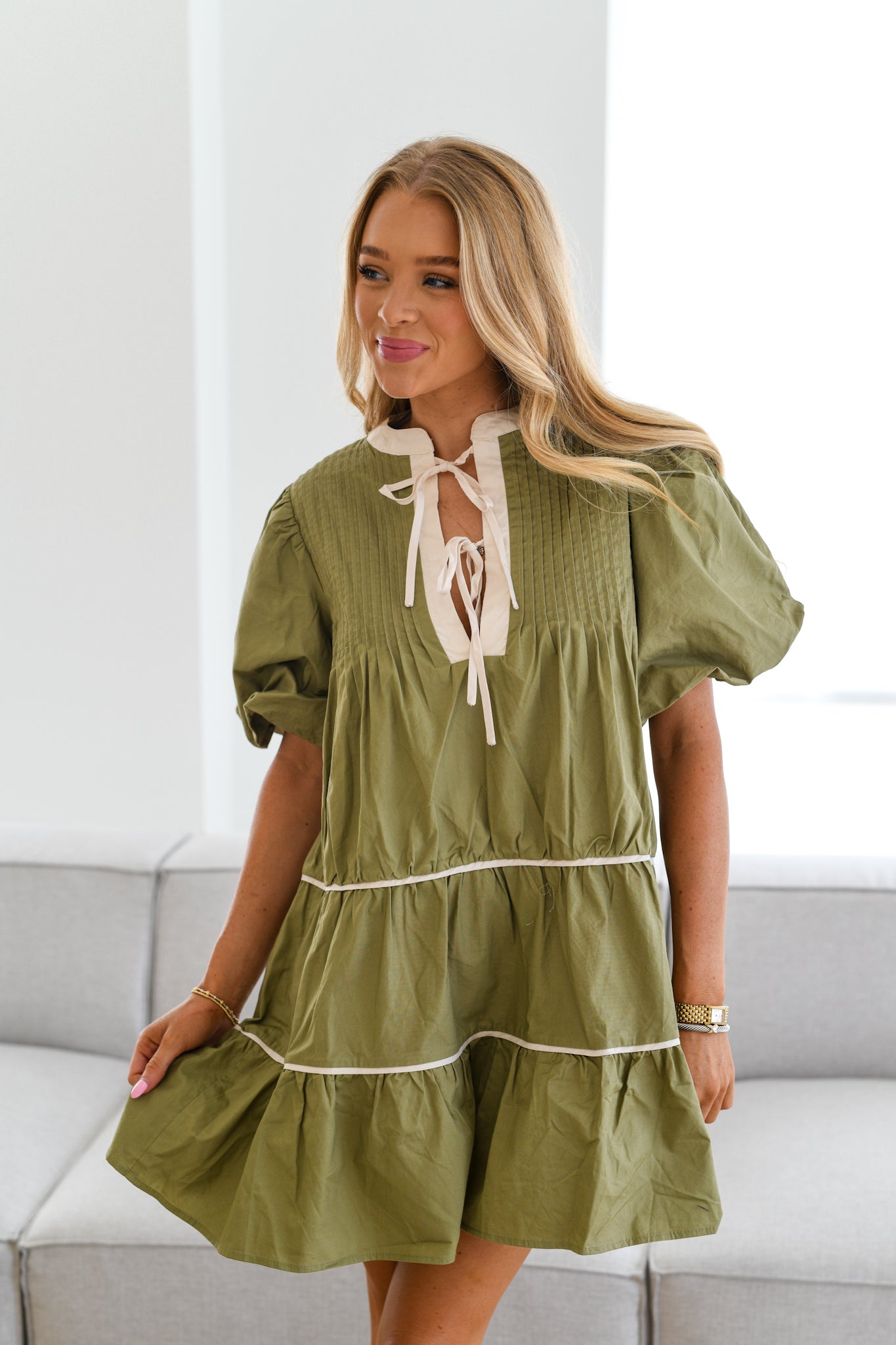 Kaci Contrast Mini Dress-Sage