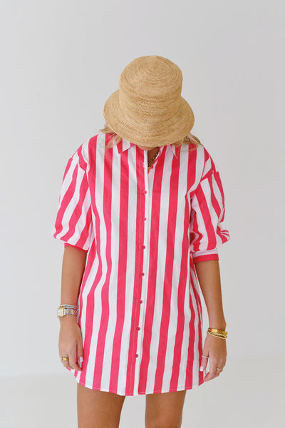 Katie Big Stripe Shirt Dress - Pink/White