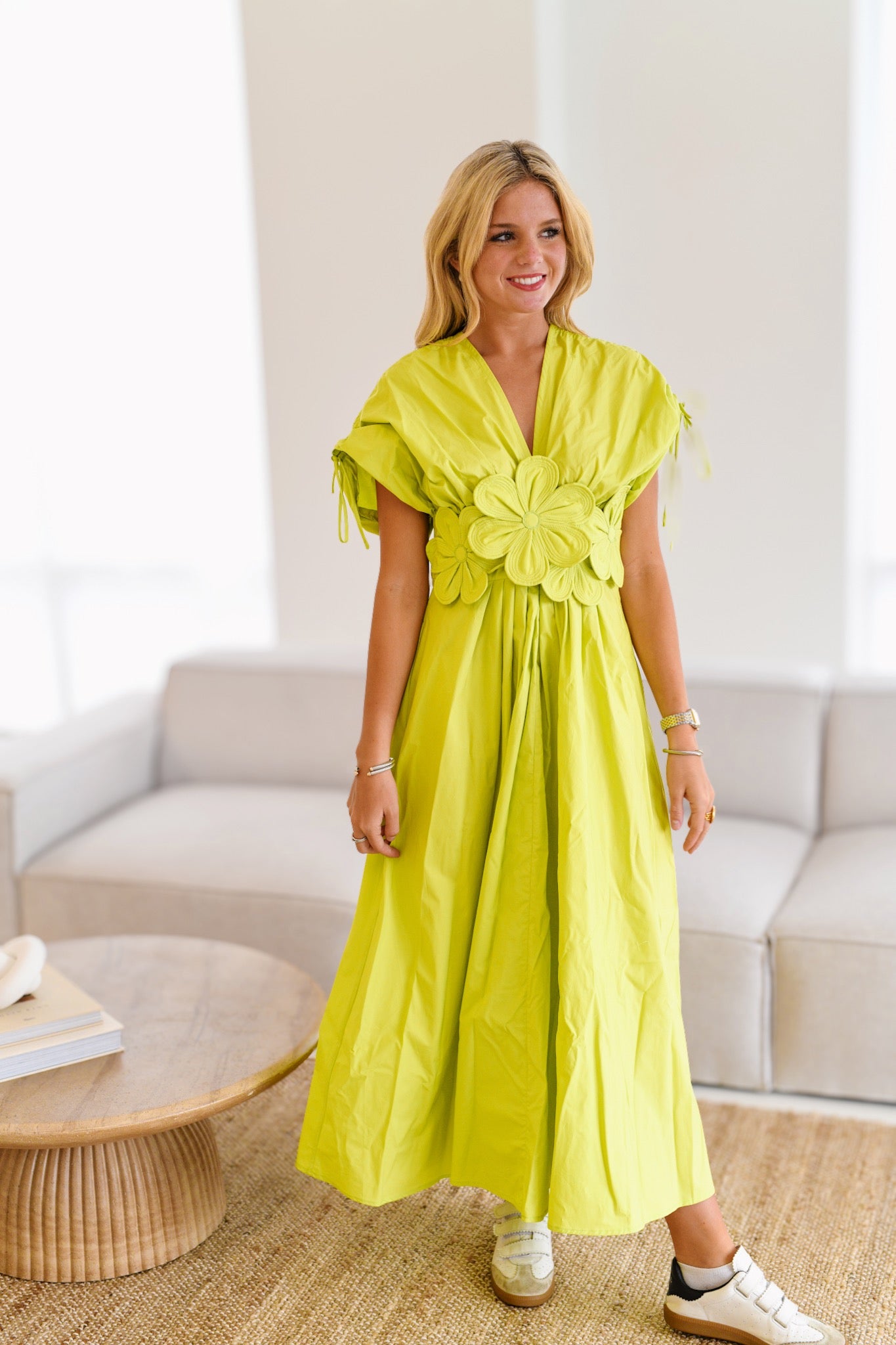 Kellie Flower Dress - Chartreuse