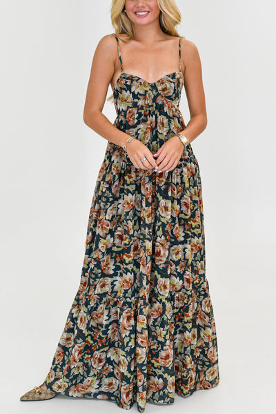 Whitney Silky Maxi Dress -Dark Green Floral