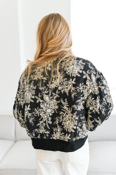 Georgia Floral Printed Bomber Jacket-Black Cream Floral