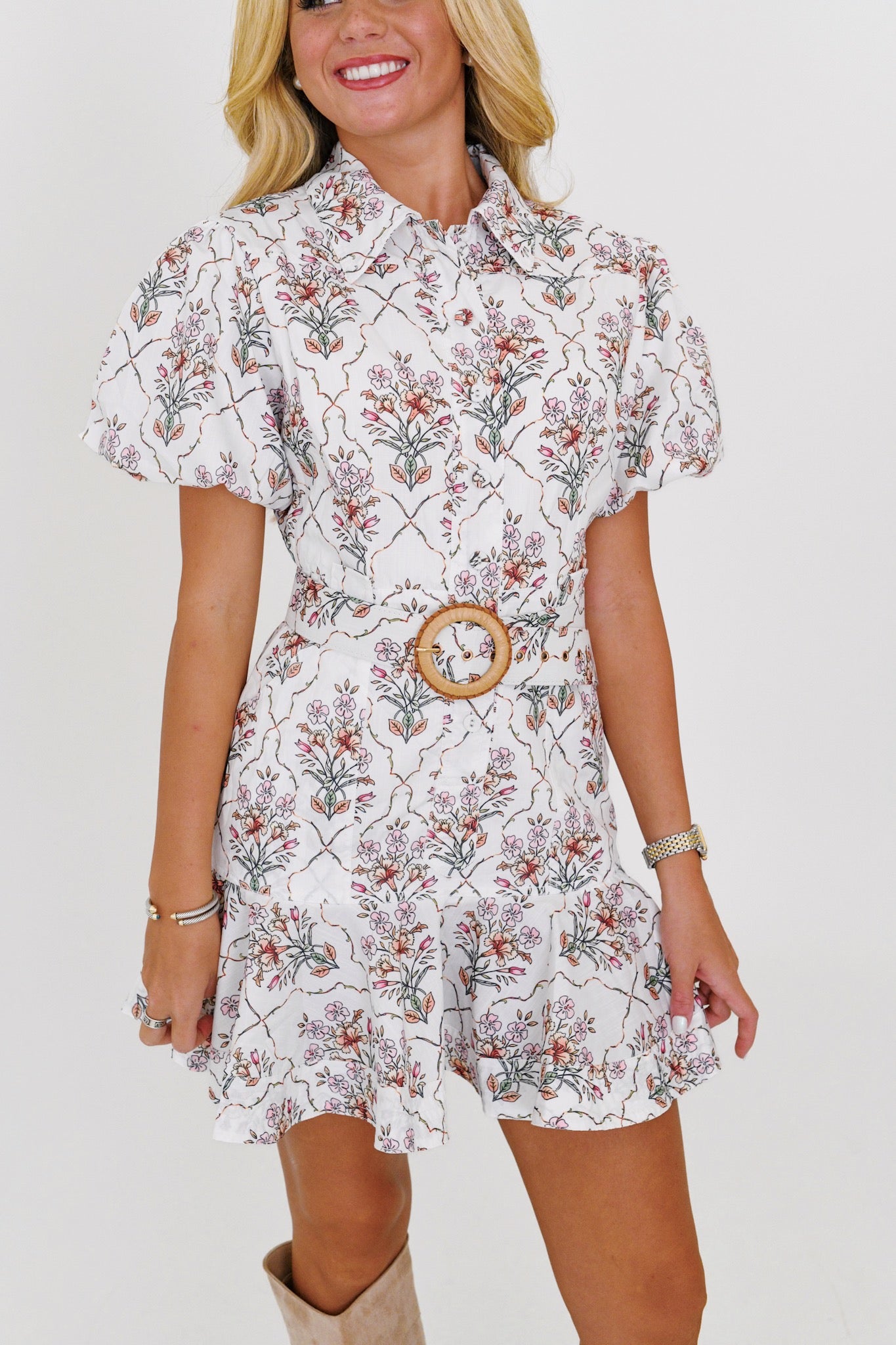 Quincey Mini Belted Dress - White Multi