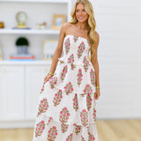 Veronica Floral Strapless Maxi Dress  - White/Red Blockprint