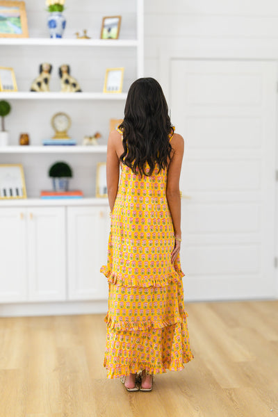 Penelope Frill Neck Maxi Dress - Yellow BlockPrint