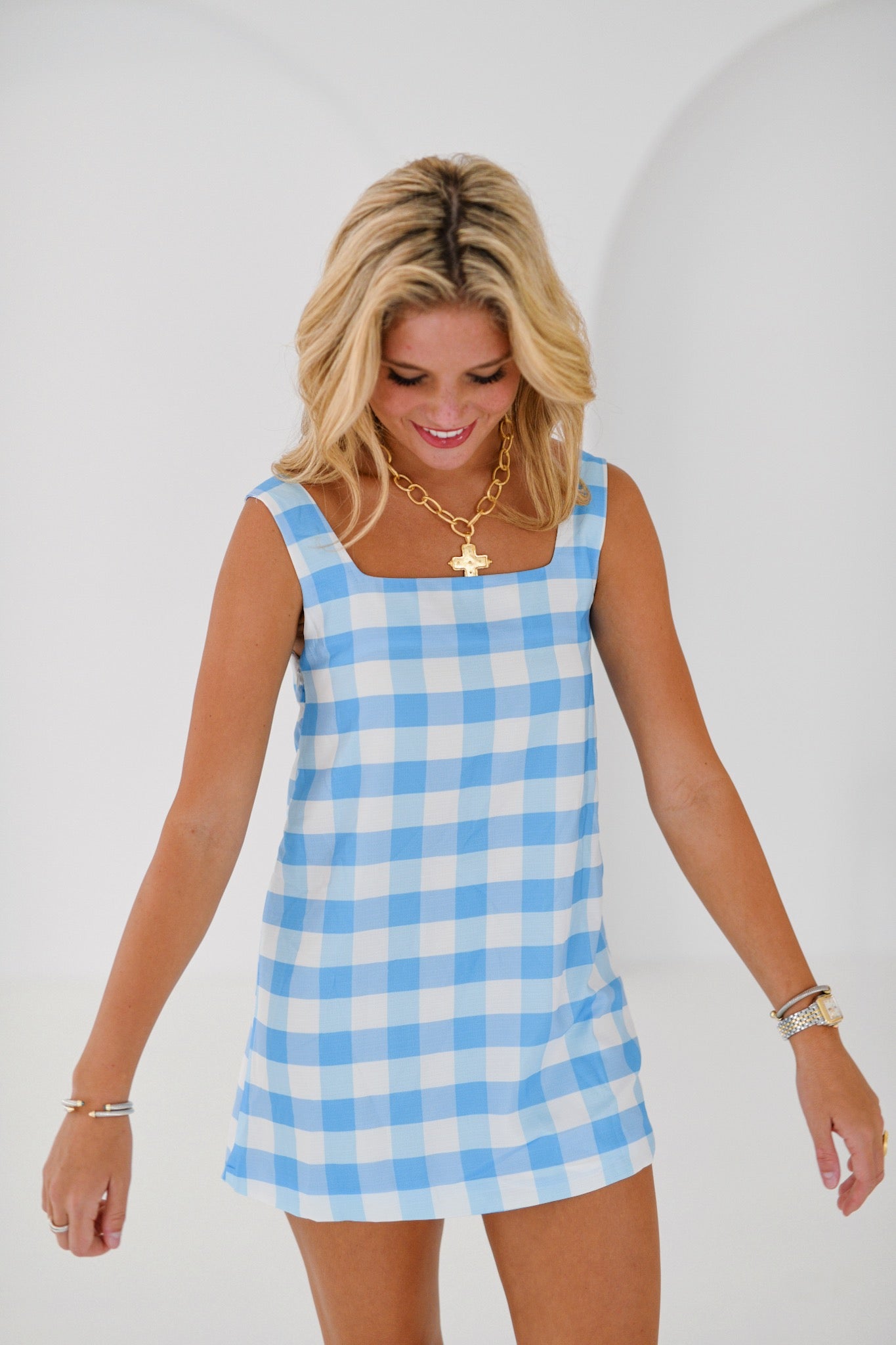 Daisy Checkered Dress - Light Blue