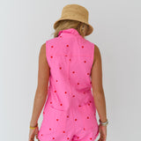 Emma Heart Embroidered Denim Romper - Pink/Red