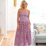 Miley Strapless Smocking Midi Dress - Pink/Blue Block Print