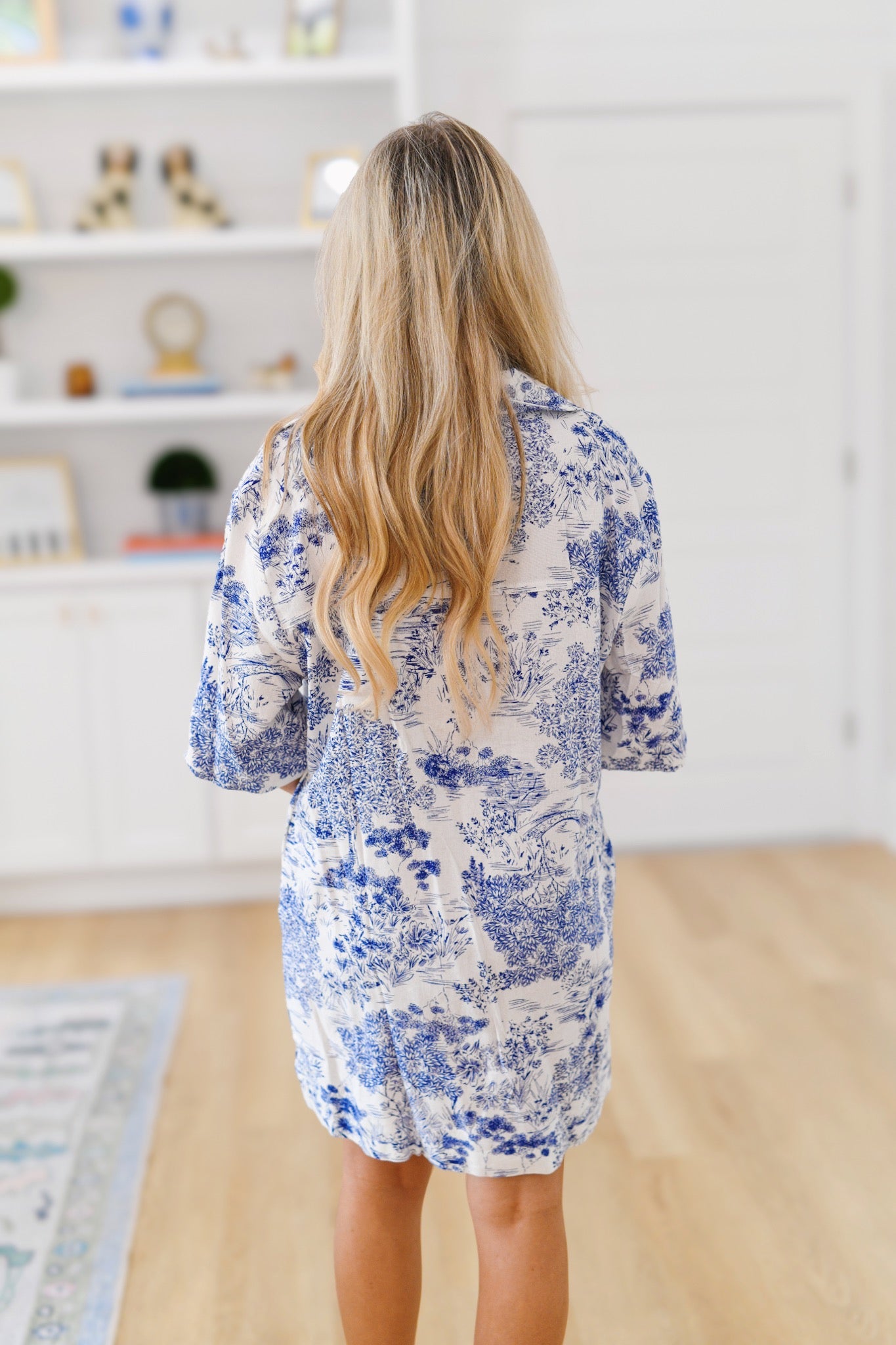 Chandler Toile Floral Dress - White Blue