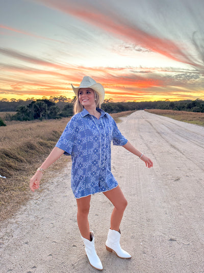 Sally Paisley Printed Romper- Denim Blue