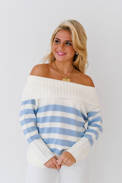 Kasey Off Shoulder Sweater-Baby Blue Striped