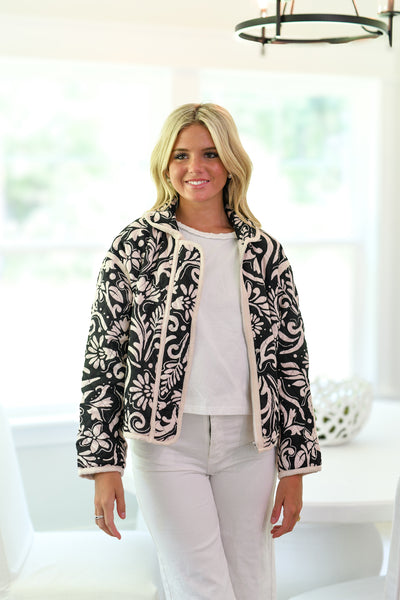 Paisley Printed Padded Jacket-Black Cream