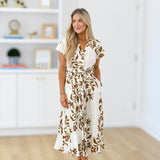 Maya Printed Button Down Dress-White/Brown