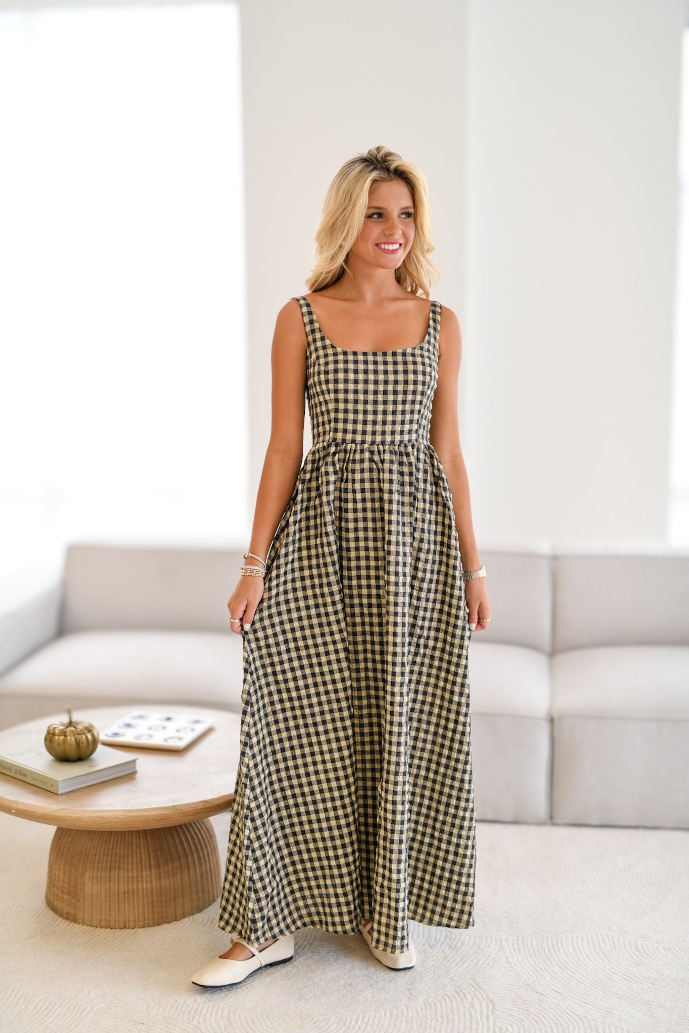 Sara Gingham Print Maxi Dress - Natural Checker