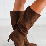 Pointed Toe Kitten Heel Tall Boots - Brown Suede