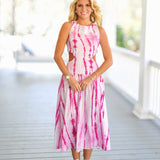 Maggie Drop Waist Cut Out Midi Dress -Pink Tie-Dye