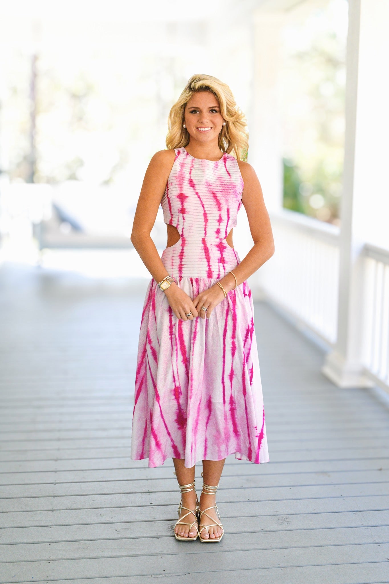 Maggie Drop Waist Cut Out Midi Dress -Pink Tie-Dye