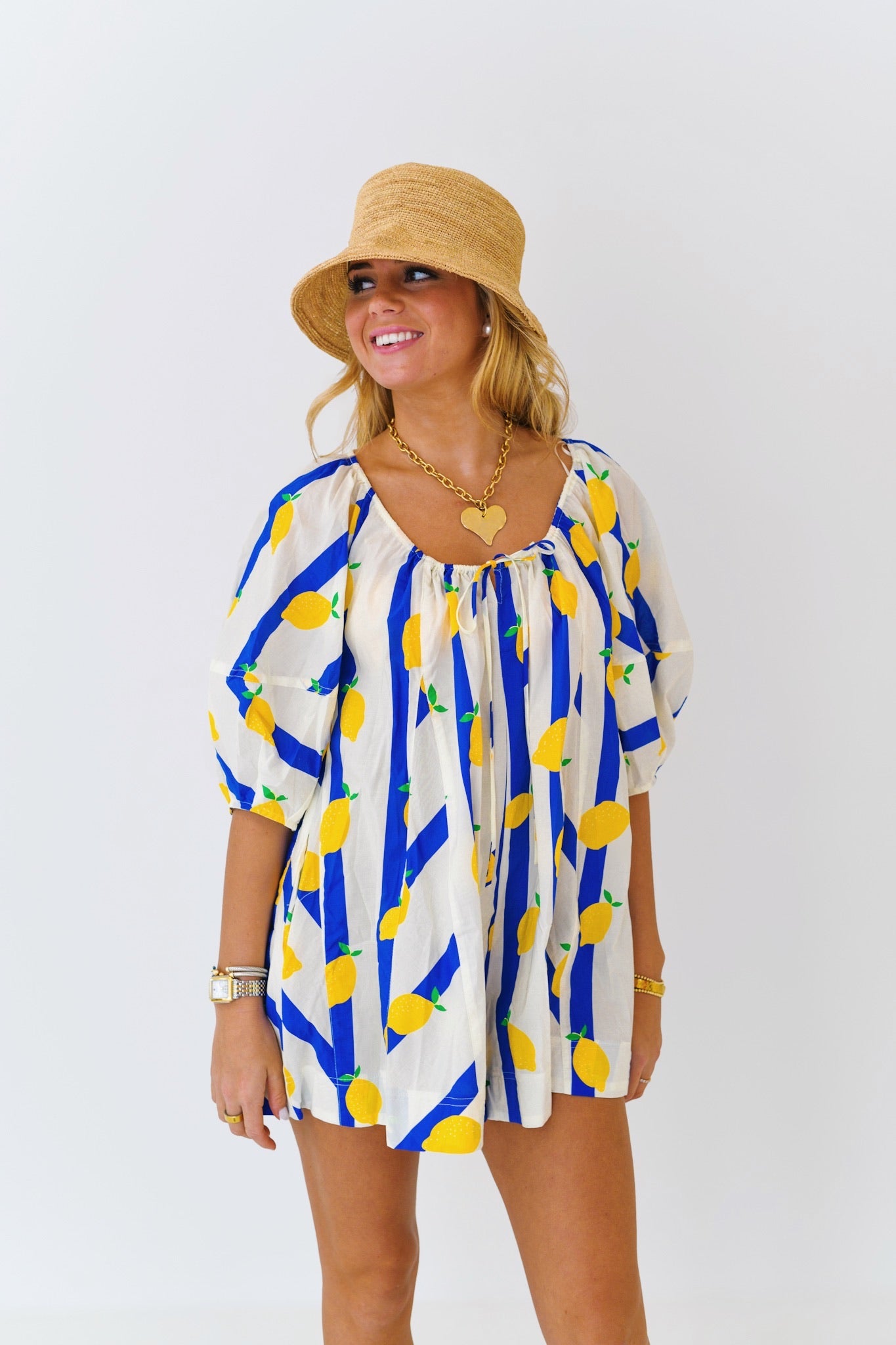 Lexi Yellow Limes Striped Romper - Navy/Yellow Multi