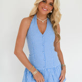 Brandi Halter Mini Dress - Blue Checkered