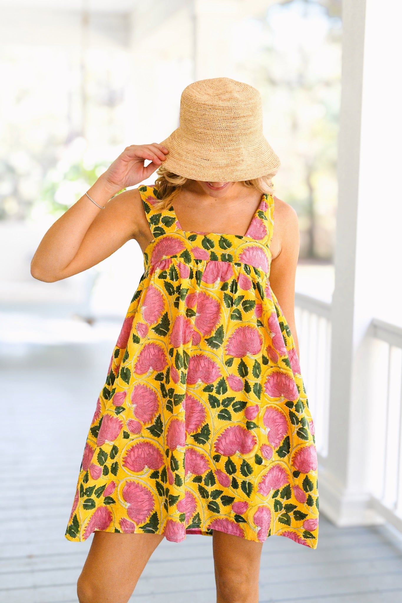 Low Country Summer Mini Tie Dress - Yellow/Pink Flowers