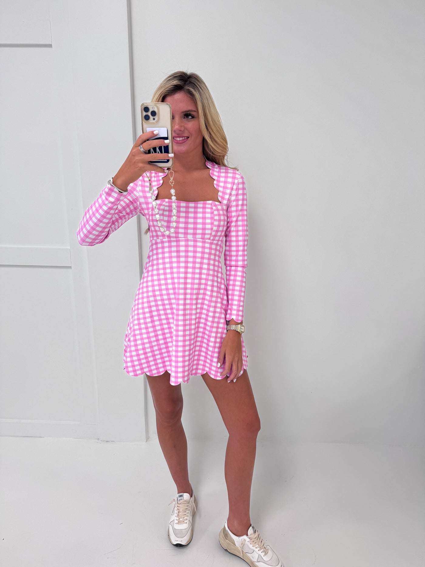 Caroline Scalloped Fit Dress - Pink Gingham