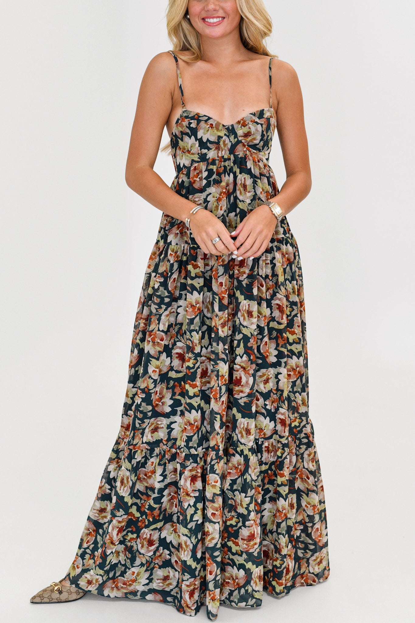 Whitney Silky Maxi Dress -Dark Green Floral