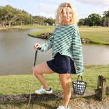 Fancy Oversized Striped Long Sleeve Top - Green/White