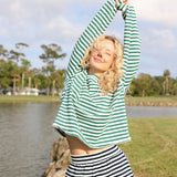 Fancy Oversized Striped Long Sleeve Top - Green/White