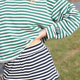 Fancy Oversized Striped Long Sleeve Top - Green/White