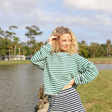 Fancy Oversized Striped Long Sleeve Top - Green/White