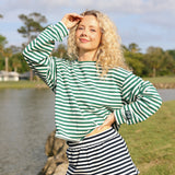 Fancy Oversized Striped Long Sleeve Top - Green/White