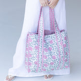 Margie Floral Quilted Tote Bag - White/Pink/Green