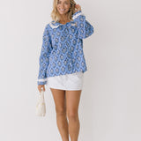 Collin Floral Wide Collar Tie Long Sleeve Top - Blue/White