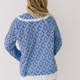 Collin Floral Wide Collar Tie Long Sleeve Top - Blue/White