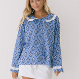 Collin Floral Wide Collar Tie Long Sleeve Top - Blue/White