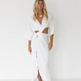 Victoria Satin Ruched Front Dress - White