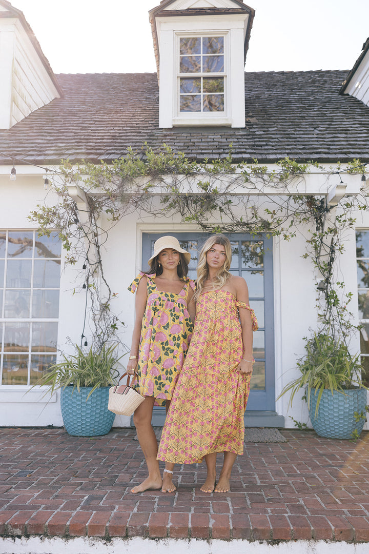 Low Country Summer Mini Tie Dress - Yellow/Pink Flowers