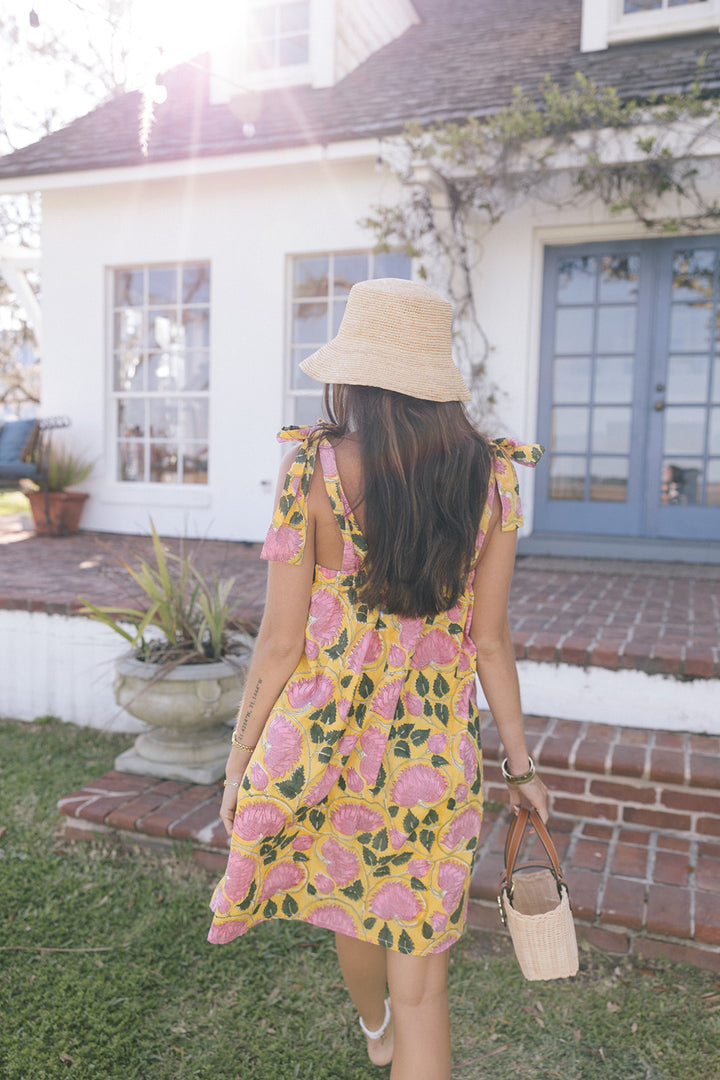 Low Country Summer Mini Tie Dress - Yellow/Pink Flowers