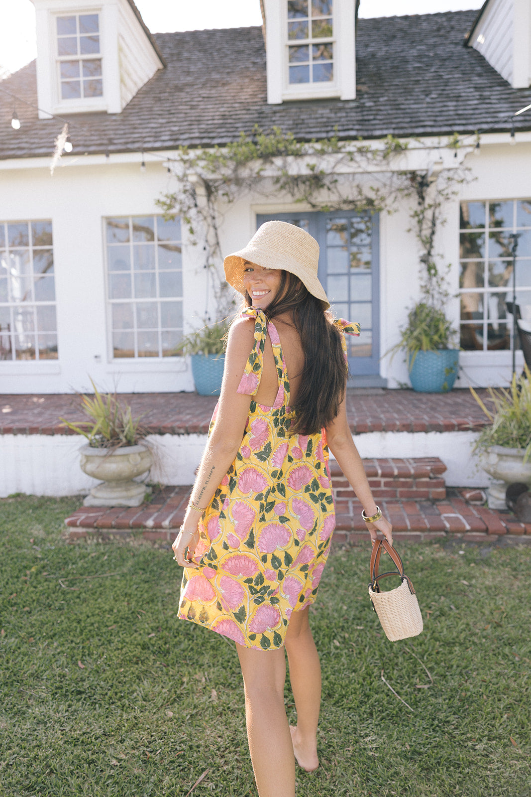 Low Country Summer Mini Tie Dress - Yellow/Pink Flowers