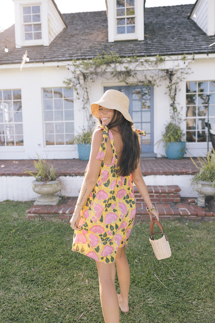 Low Country Summer Mini Tie Dress - Yellow/Pink Flowers
