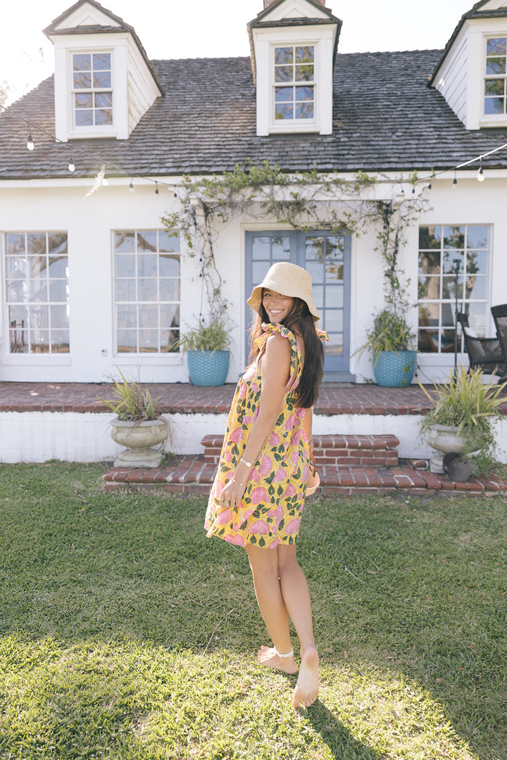Low Country Summer Mini Tie Dress - Yellow/Pink Flowers