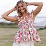 Edie Smocked Top - White/Pink/Green