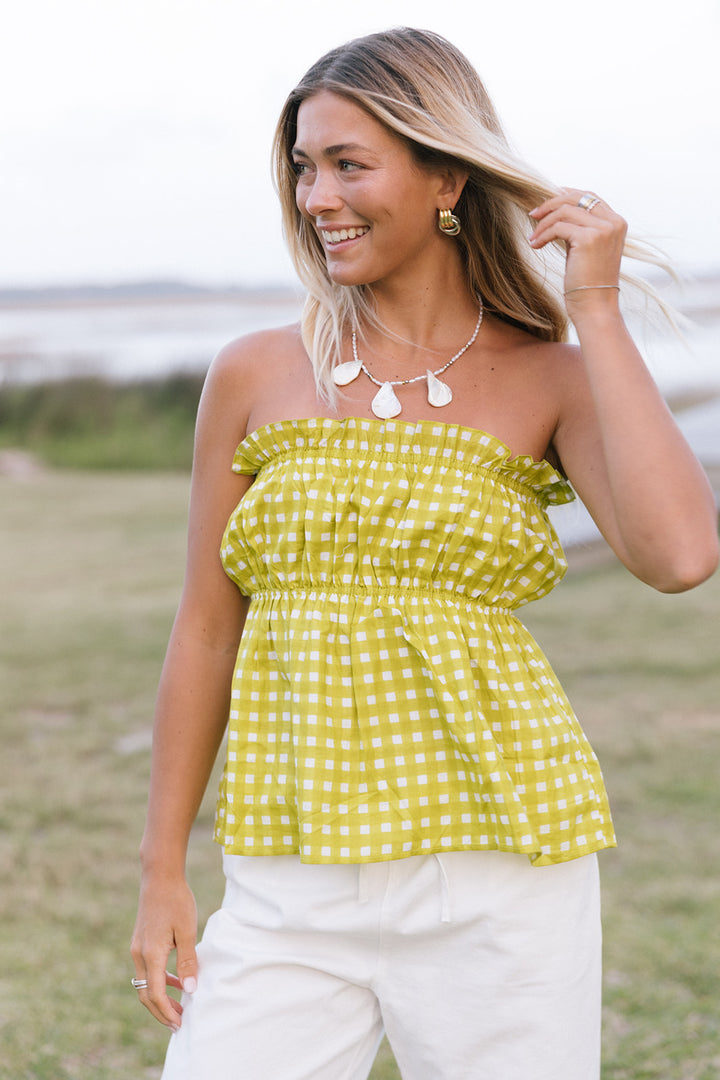 Natalie Strapless Top - Lime Green gingham