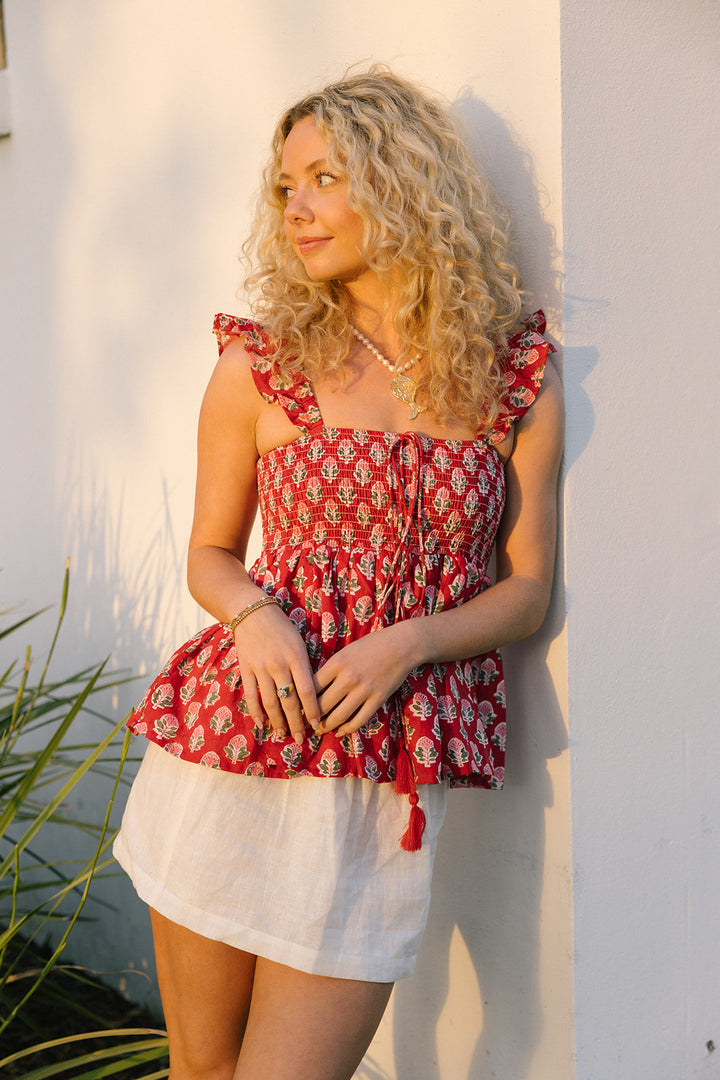 Margo Smocked Top - Cherry Red Block Print