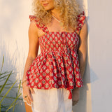 Margo Smocked Top - Cherry Red Block Print