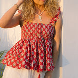 Margo Smocked Top - Cherry Red Block Print